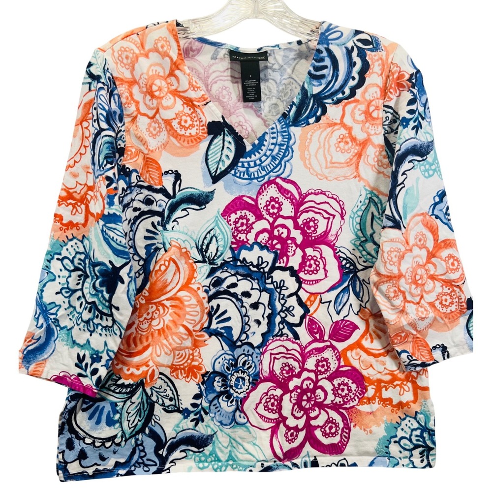 Alfred Dunner Studio Womens Small Colored Floral Paisley V-Neck 3/4 Sleeve Top